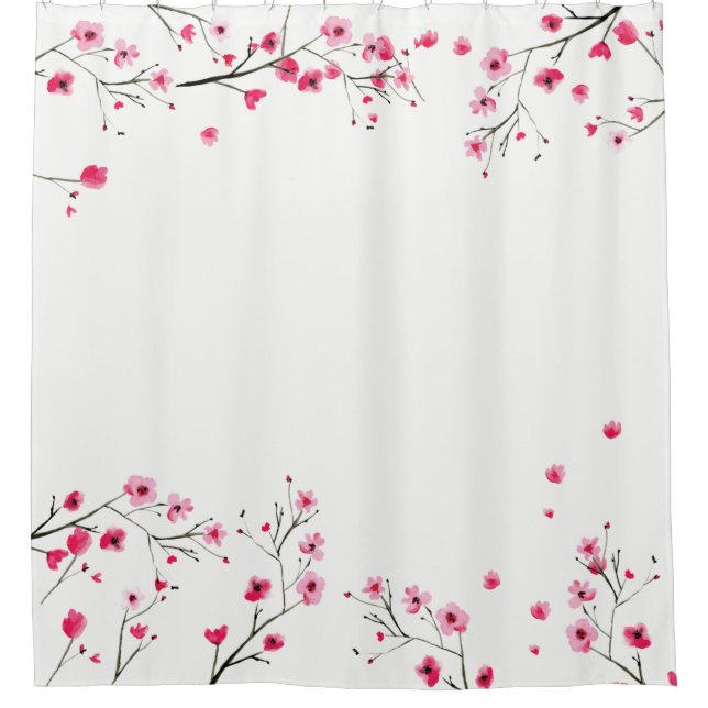 Pink floral Cherry Blossom waterrolor flower Shower Curtain (Front)