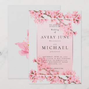 Pink floral cherry blossom wedding invitation