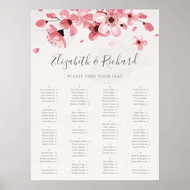 Pink Floral Cherry Blossom Wedding Seating Chart (Front)
