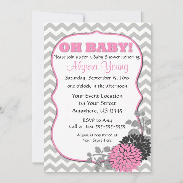 Pink Floral Chevron Baby Shower Invite (Front)