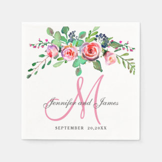 Pink Floral Chic Elegant Names Monogram Wedding Napkin