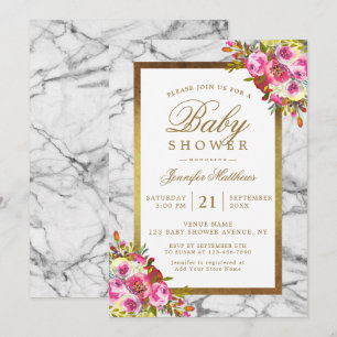 Pink Floral Chic Gold Black Marble Baby Shower Invitation