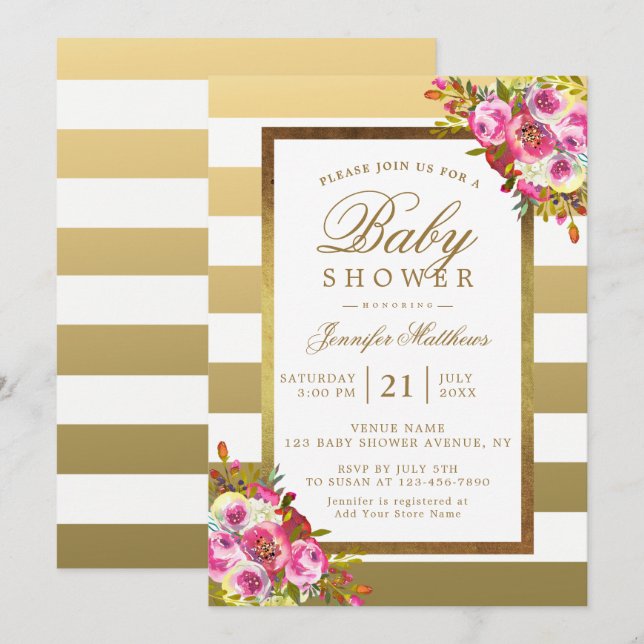 Pink Floral Chic Gold White Stripes Baby Shower Invitation (Front/Back)