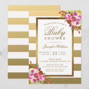 Pink Floral Chic Gold White Stripes Baby Shower Invitation