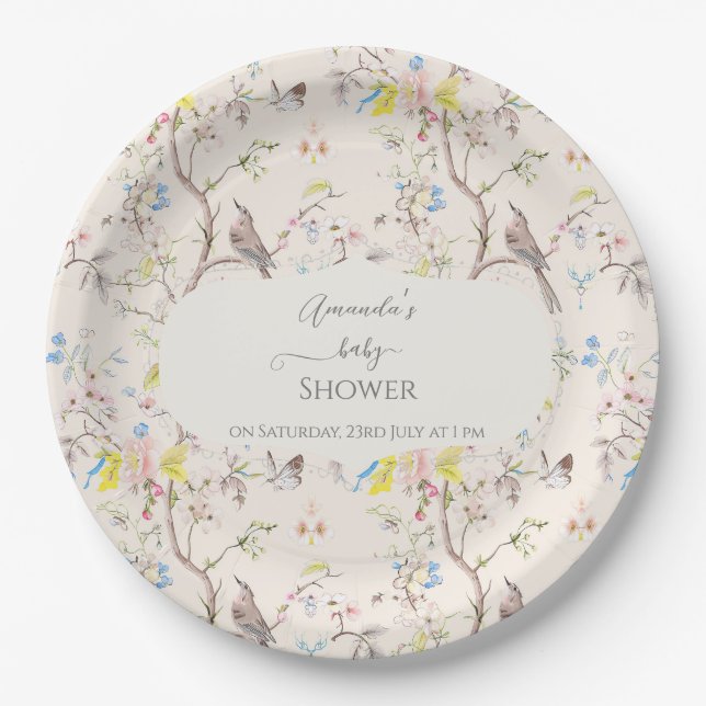 Pink Floral Chinoiserie Baby Shower Paper Plate (Front)