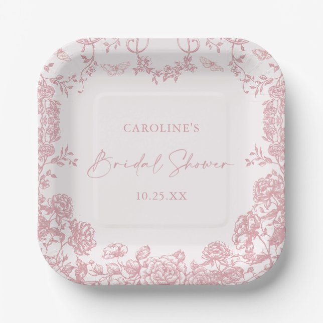 Pink Floral Chinoiserie Bridal Shower Paper Plates (Front)