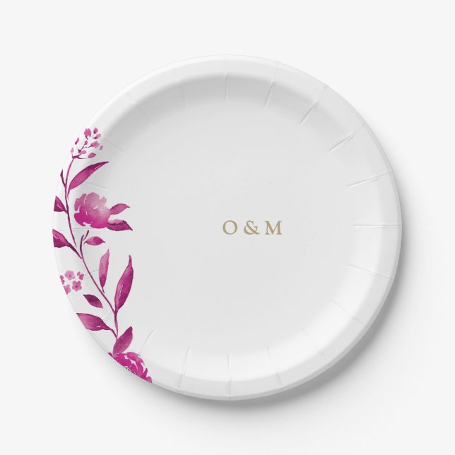 Pink floral Chinoiserie Wedding monogram Paper Plate (Front)