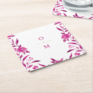 Pink floral Chinoiserie Wedding monogram Square Paper Coaster
