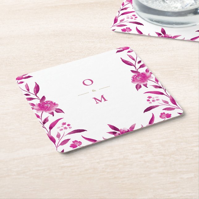 Pink floral Chinoiserie Wedding monogram Square Paper Coaster (Angled)
