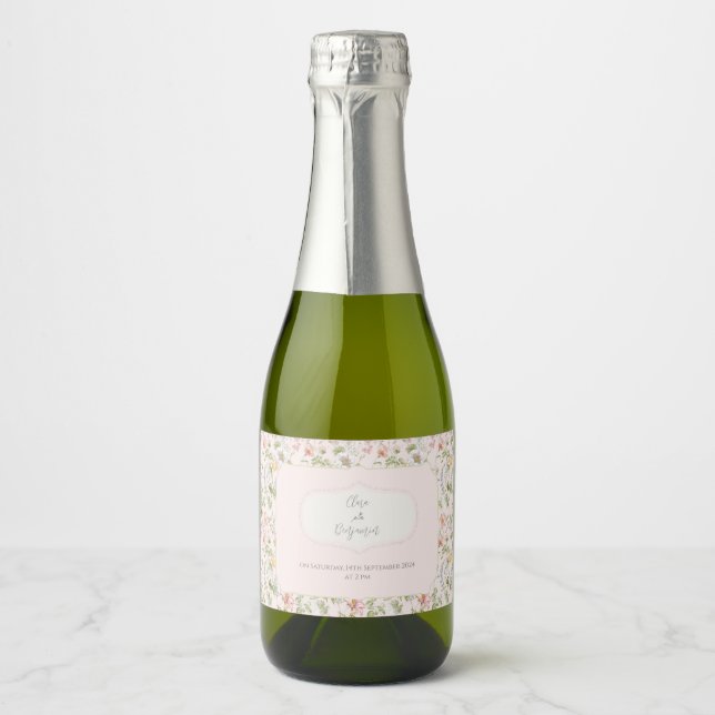 Pink Floral Chinoiserie Wedding Sparkling Wine Label (Front)