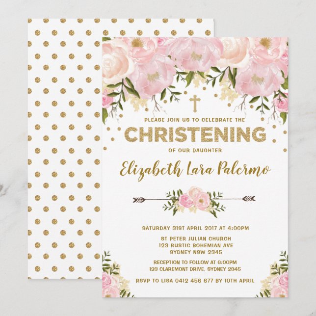 Pink Floral Christening Invitation Pastel Baptism (Front/Back)