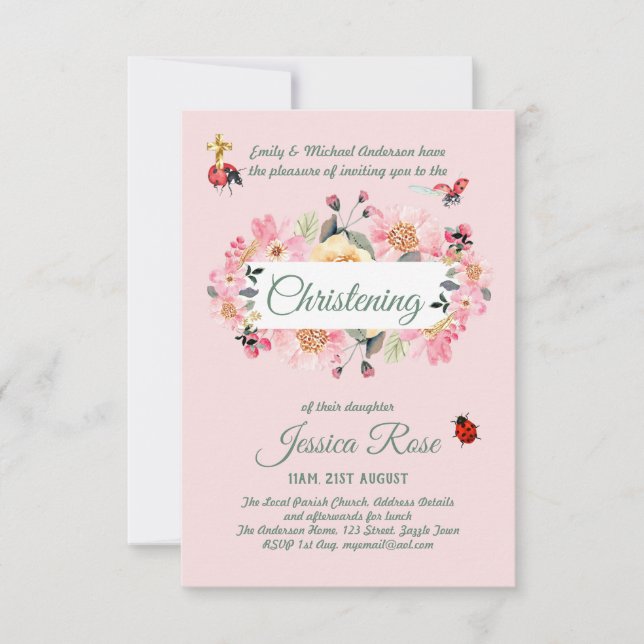 Pink Floral Christening Invites Baptism  (Front)