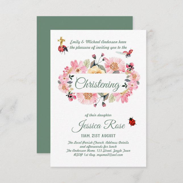 Pink Floral Christening Invites Baptism  (Front/Back)