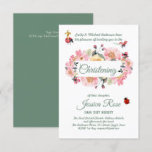 Pink Floral Christening Invites Baptism 