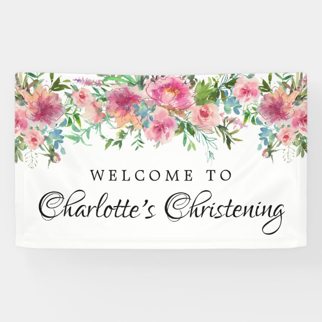 Pink Floral Christening Welcome Banner Template (Horizontal)
