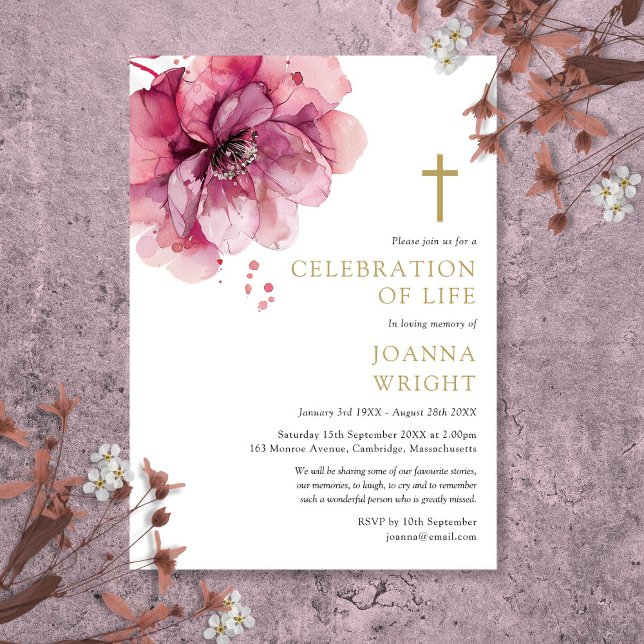 Pink Floral Christian Celebration Of Life Funeral Invitation (Pink Floral Christian Celebration Of Life Funeral Invitation)