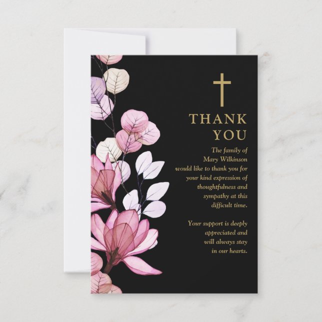 Pink Floral Christian Celebration Of Life Funeral Thank You Card (Front)