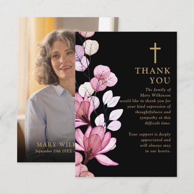 Pink Floral Christian Celebration Of Life Photo Thank You Card (Front/Back)