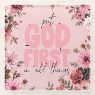 Pink Floral Christian Encouragement Glass Coaster