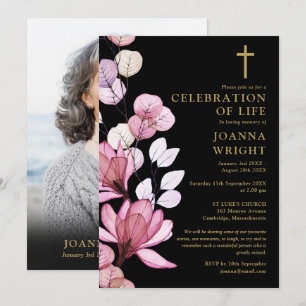 Pink Floral Christian Memorial Funeral Photo Invitation