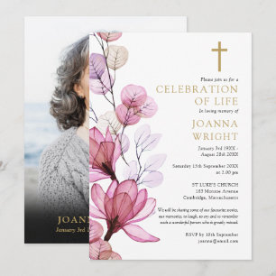 Pink Floral Christian Memorial Funeral Photo Invitation
