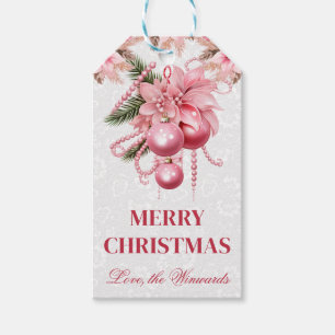 Pink Floral Christmas Design with Ornaments Gift Tags