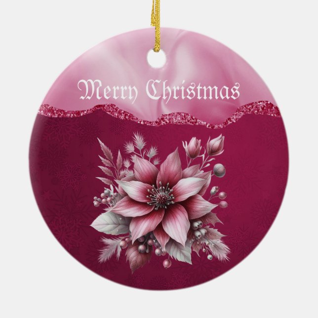 Pink Floral Christmas Holiday Ornament (Back)