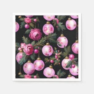 Pink Floral Christmas Ornaments & Camellias Black Napkin