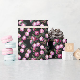 Pink Floral Christmas Ornaments & Camellias Black Wrapping Paper