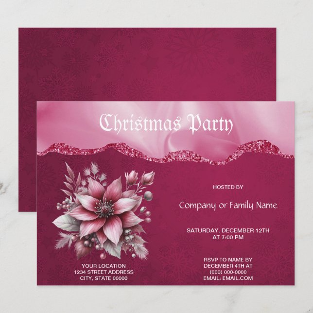 Pink Floral Christmas Party Invitation (Front/Back)