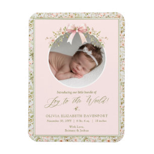 Pink Floral Christmas Photo Baby Announcement Magnet