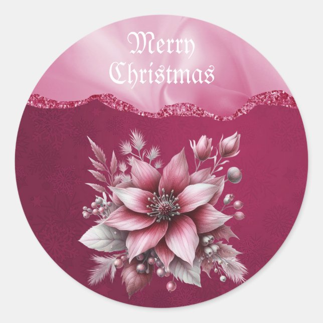 Pink Floral Christmas Sticker (Front)