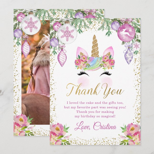 Pink Floral Christmas Unicorn Photo Thank You Card (Front/Back)
