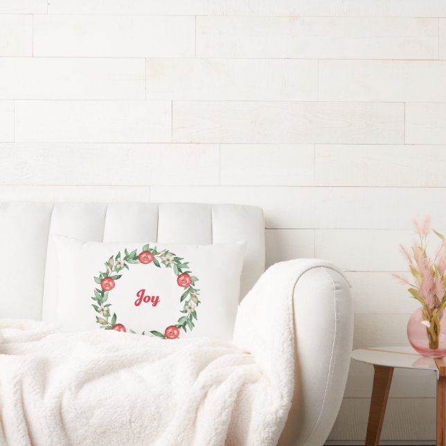 Pink Floral Christmas Wreath Lumbar Pillow | Peace (Couch)