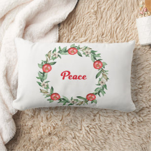 Pink Floral Christmas Wreath Lumbar Pillow Peace