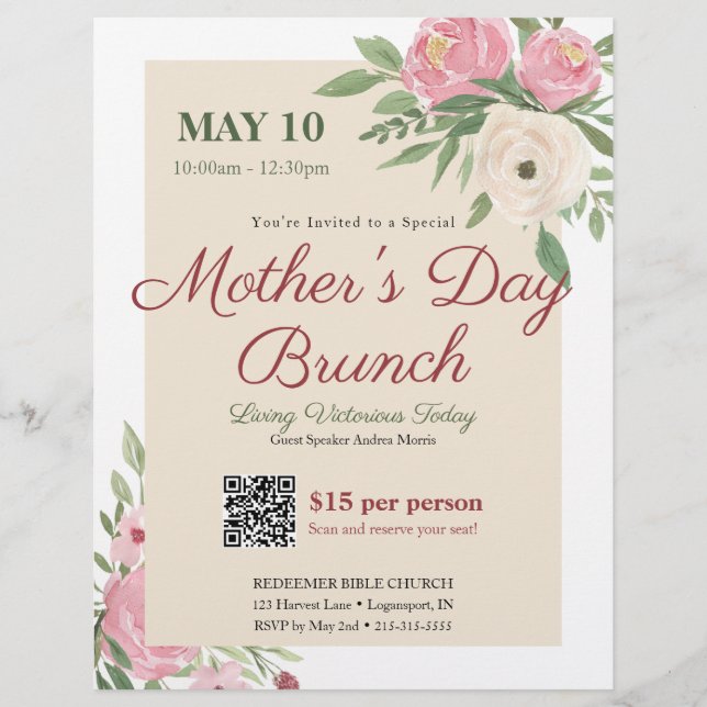 Pink Floral Church Mother's Day Brunch Flyer (Front)