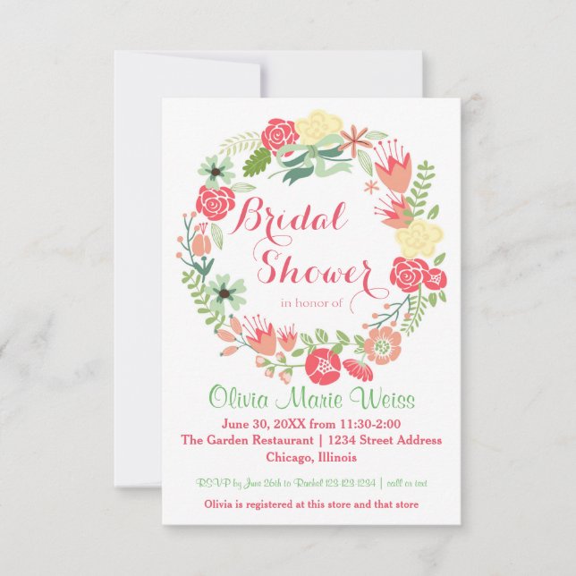 Pink Floral Circle Wreath-3x5 Bridal Shower Invite (Front)