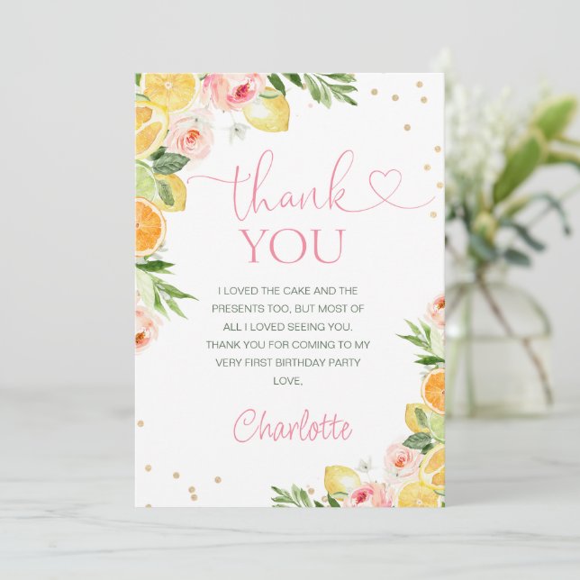 Pink Floral Citrus Birthday Thank You Card (Standing Front)