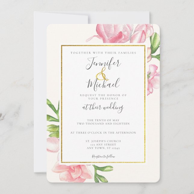 Pink Floral Classy Gold Trim Wedding Invitation (Front)