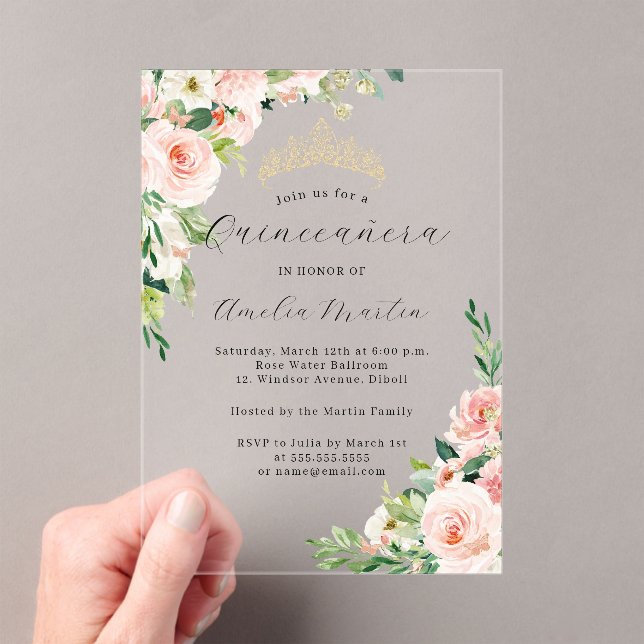 Pink Floral Clear Acrylic Floral Quinceanera  Acrylic Invitations (Insitu (Handheld))