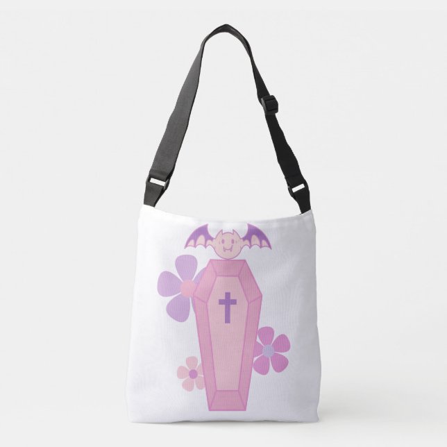 Pink Floral coffin and bat  Crossbody Bag (Front)