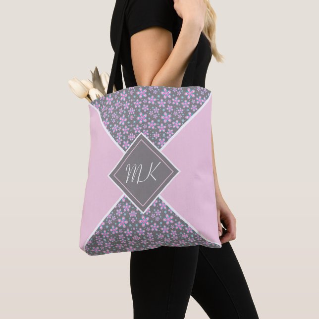 Pink Floral Colorblock Monogrammed Tote Bag (Close Up)