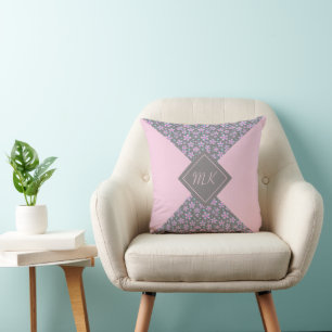 Pink Floral Colour Block Monogrammed Cushion