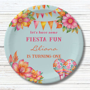 Pink Floral Colourful Blue Fiesta 1st Birthday Paper Plate
