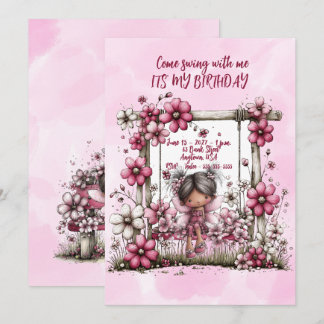 Pink Floral Come Swing With Me Girls Birthday Card
