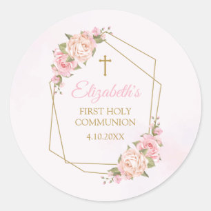 Pink Floral Communion Calcomanía Classic Round Sticker