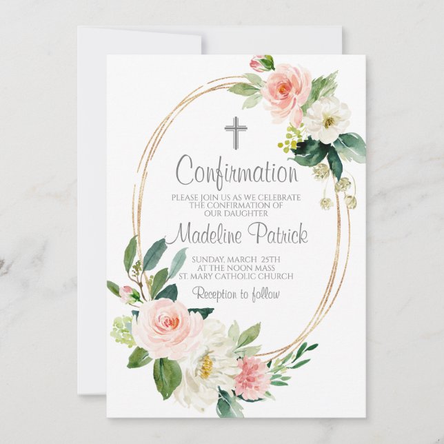 Pink Floral Confirmation  Invitation (Front)