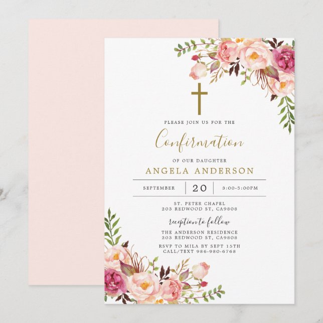 Pink Floral Confirmation Invitation (Front/Back)
