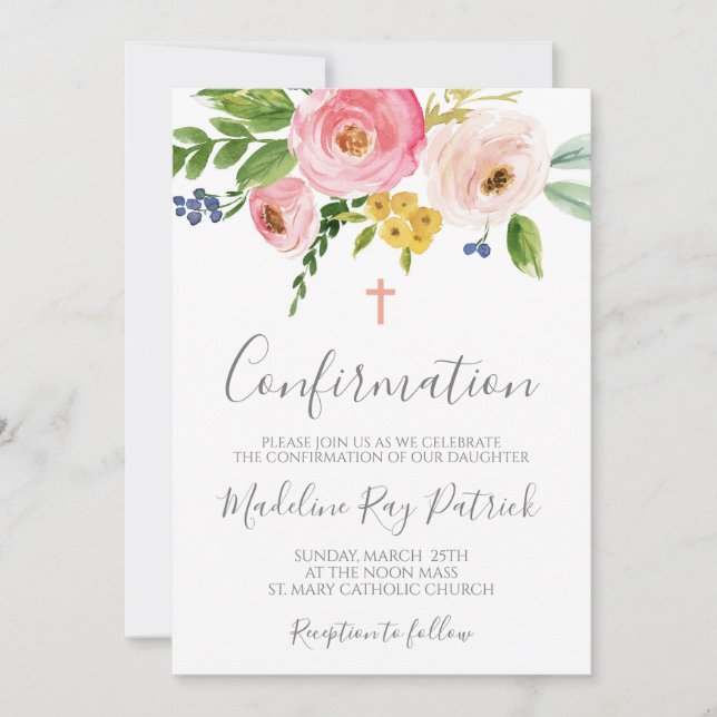 Pink Floral Confirmation  Invitation (Front)