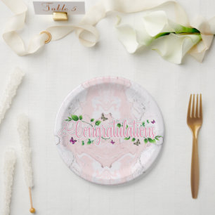 Pink Floral Congratulaions text Paper Plate